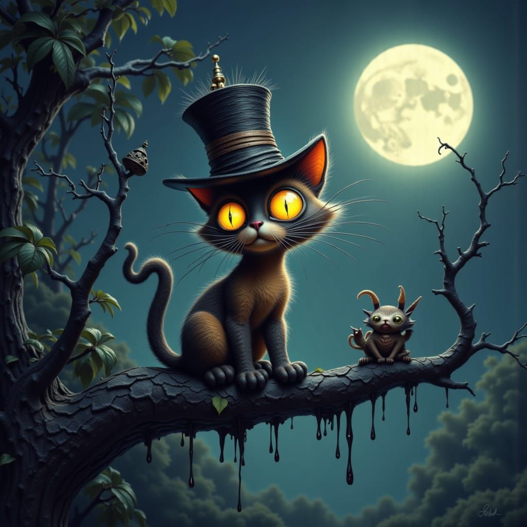 Cheshire Cat in Dark Fantasy Style Under Moon