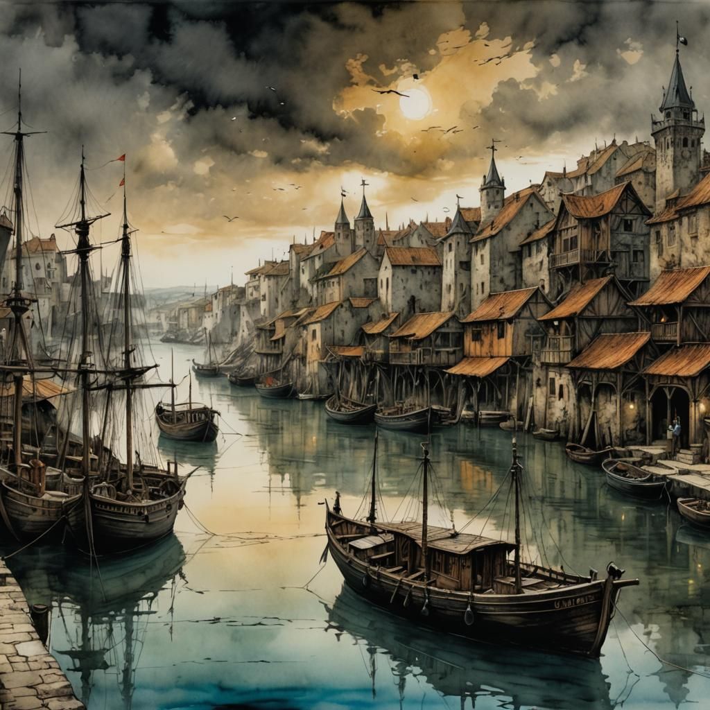 Medieval Port Scene in Epic Fantasy Style