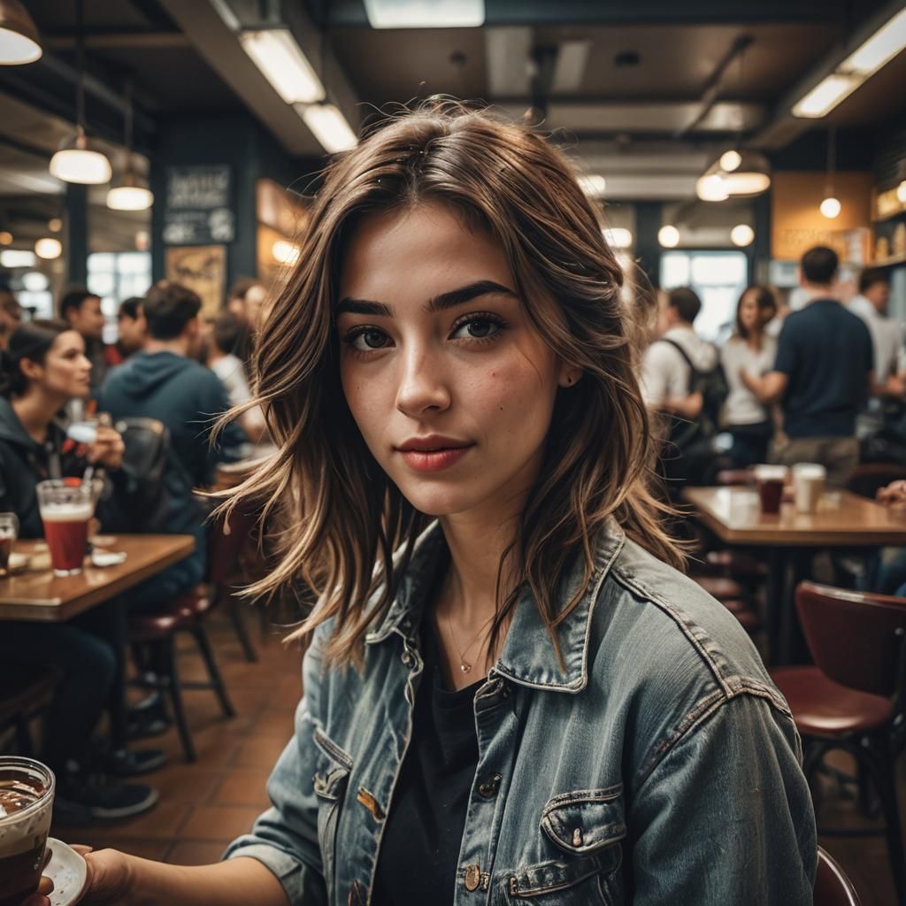 Girl Taking Selfie in Cafeteria, Hyper-Realistic Photography