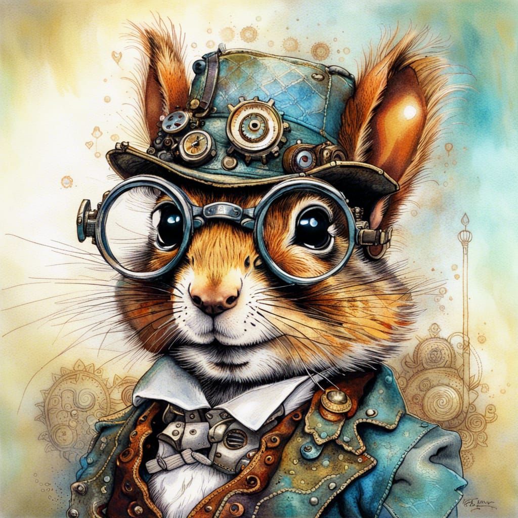 Steampunk Squirrel Portrait in Ethereal Liquid Gouache