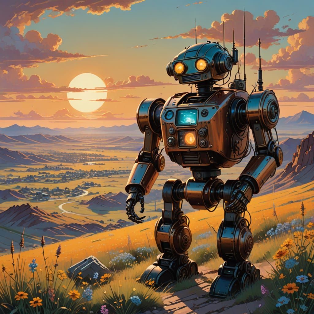 Steampunk Robot Reads Comic Book in Dreamy Landscape