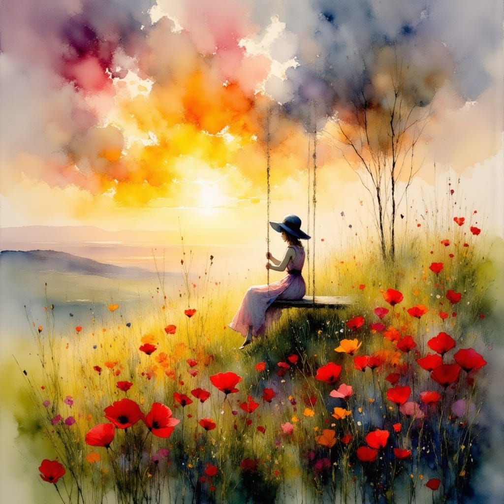 Poppy Field at Sunset: Watercolor Style