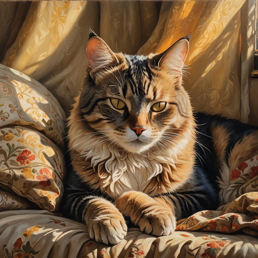Elderly Cat Sleeping in Sunbeam Oil Painting