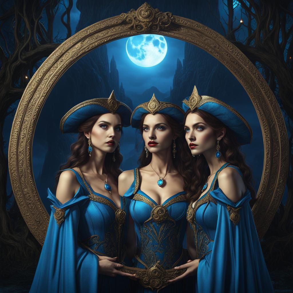 Twin Witches Mirrored in Blue Moon Fantasy Art