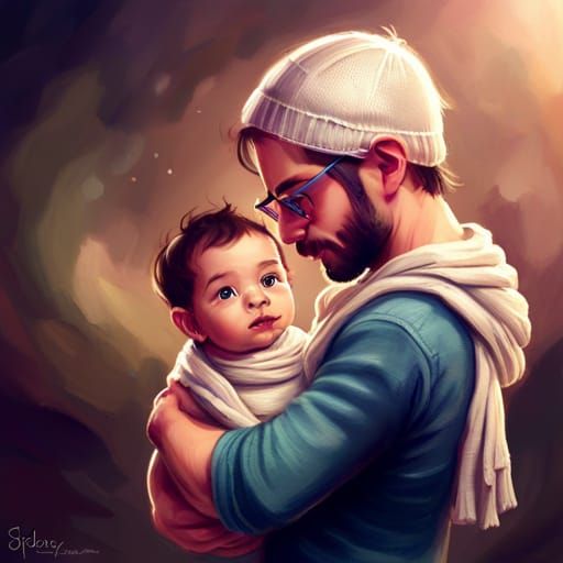 Whimsical Father and Baby Galaxy Portrait in Knitted Yarn