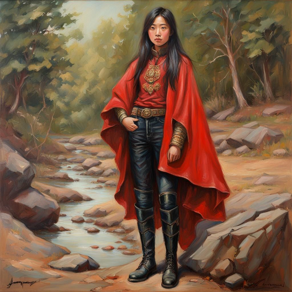 Young Woman in Red Mantle: Oil Painting