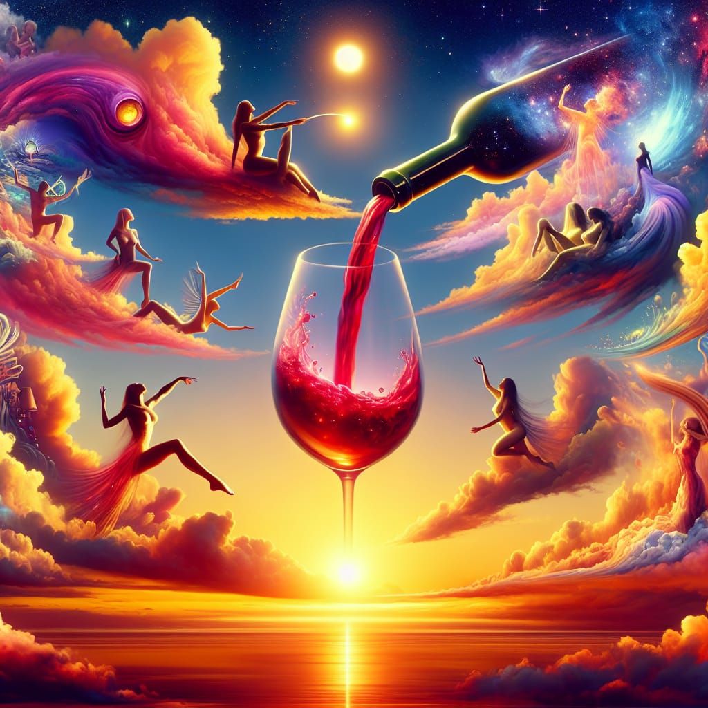 Radiant Sunset Scene with Wine Pouring, Digital Art