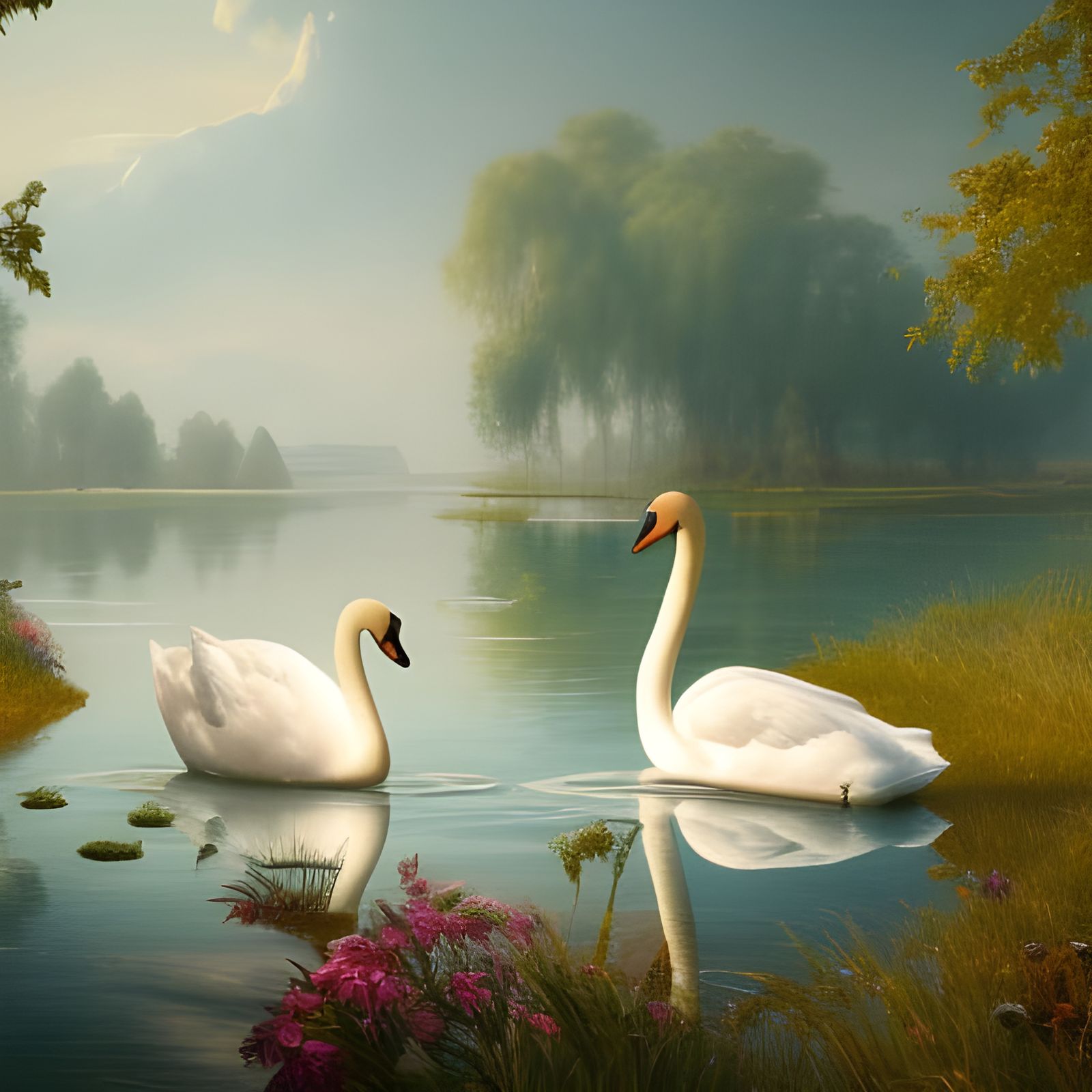 Swans in Lake: Hyperdetailed Concept Art