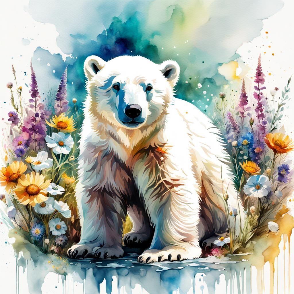 Baby Polar Bear in Spring, Digital Watercolor Art
