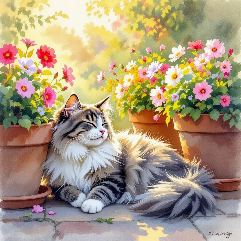 Cat Dozing in Flowerpots, Watercolor Style