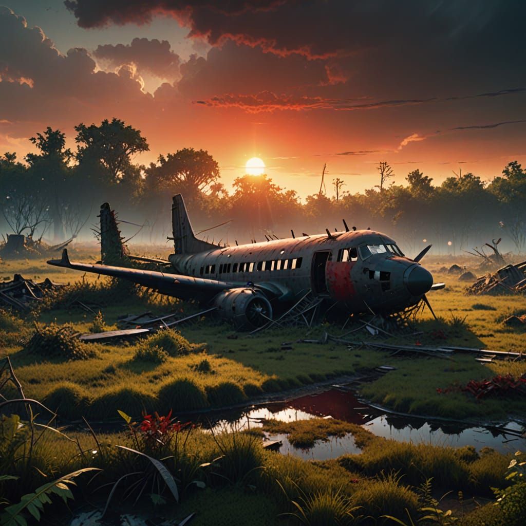 Abandoned Airport Plane Wreck in Swamp Landscape