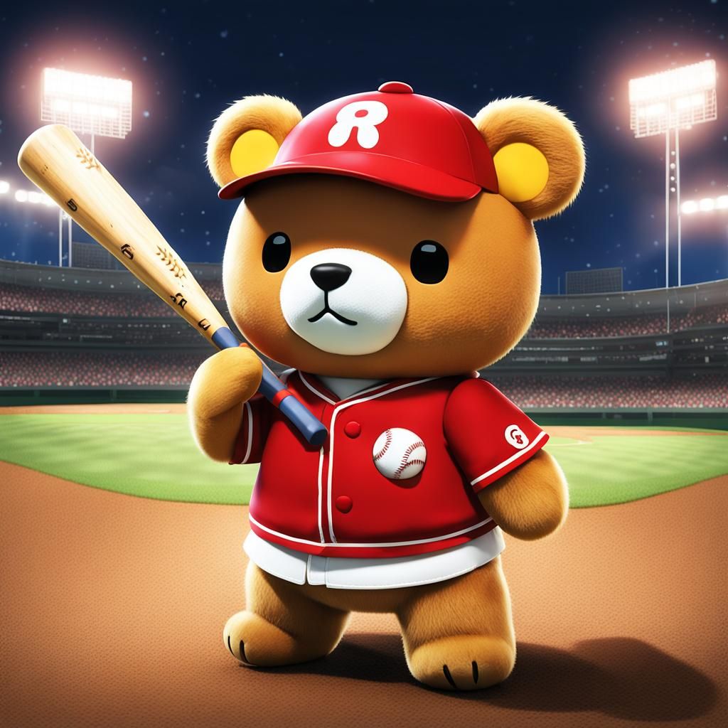 Chibi Teddy Bear in Baseball Stadium, Anime Style