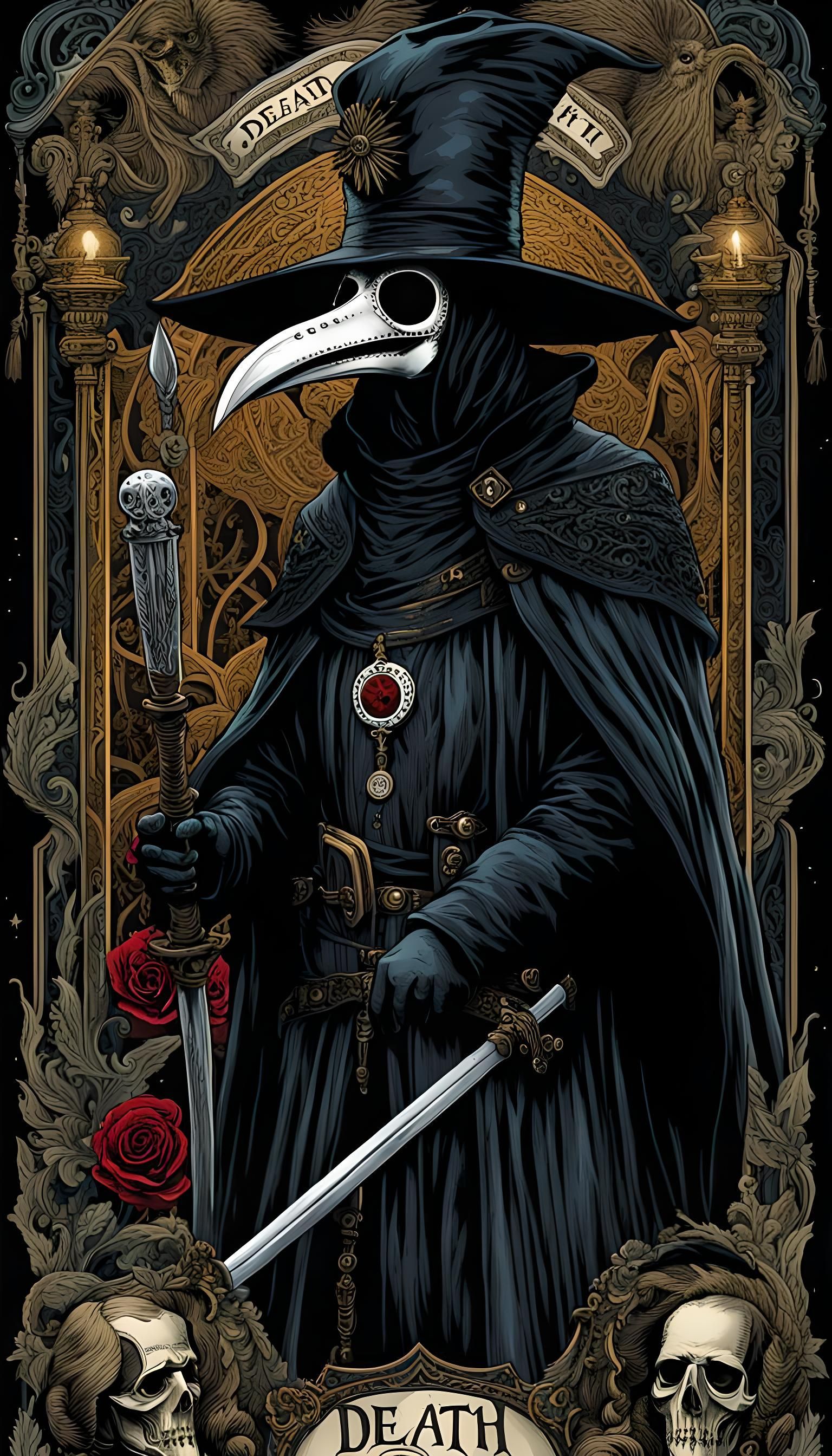 Grim Plague Doctor on Death Tarot Card