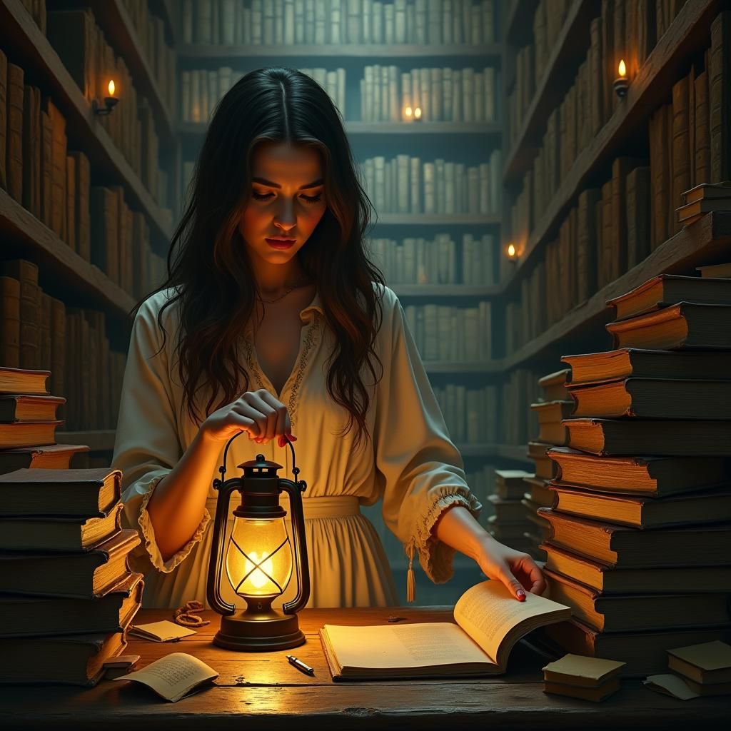 Serene Woman in Mystical Library Fine Art