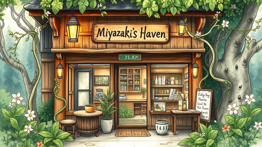 Whimsical Miyazaki-Inspired Coffee Shop Illustration