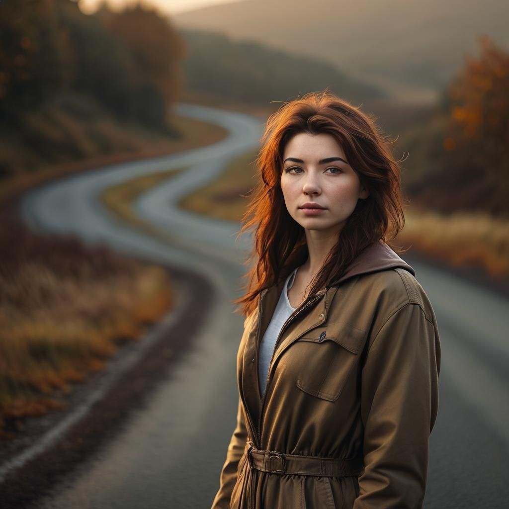 Contemplative Woman on Deserted Road: Contemporary Portrait