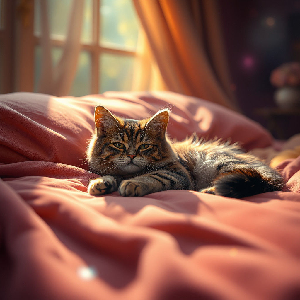 Cat Nap on Velvet Bed in Dreamlike Digital Art