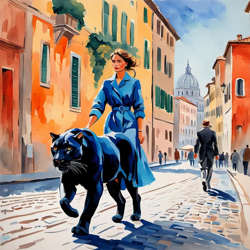 Woman and Panther in Rome: Gouache Style