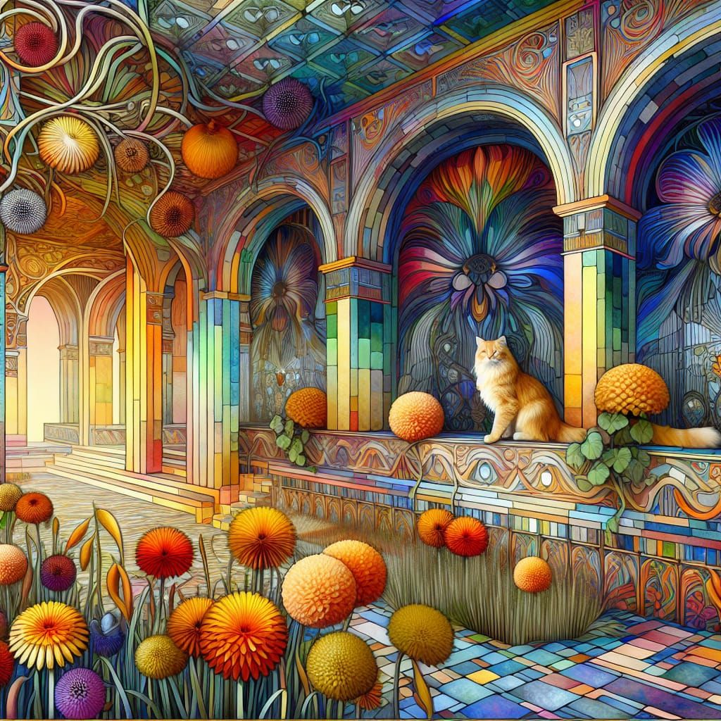 Kaleidoscopic Art Nouveau Architecture with Feline