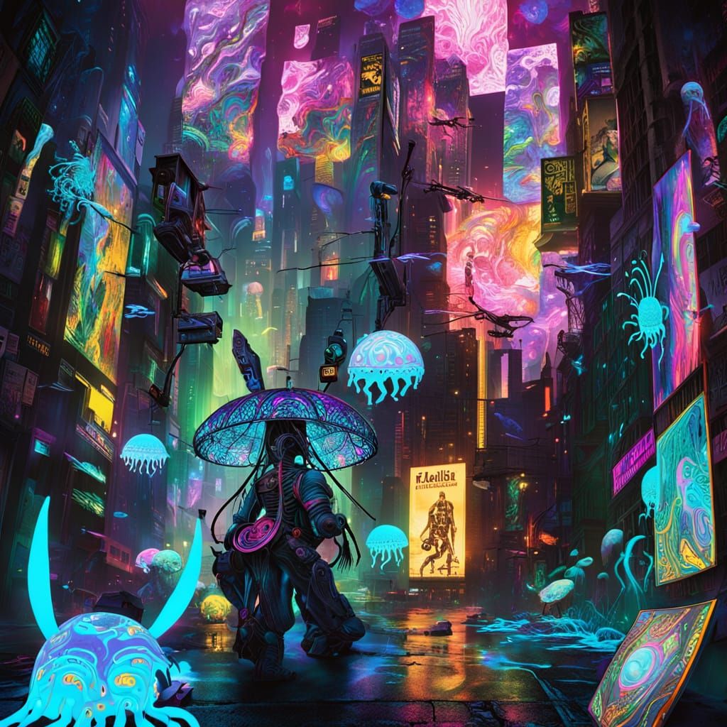 Cyberpunk Bunny in a Glitch Matrix of Ruined City