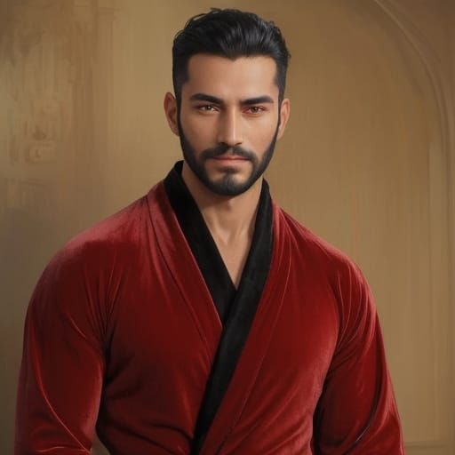 Smiling Bearded Man in Red Velvet Robe Portrait