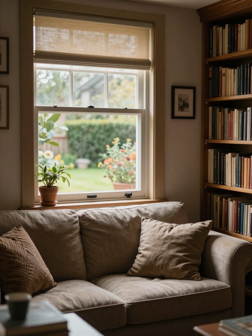 Cozy Library Reading Nook with Soft Light