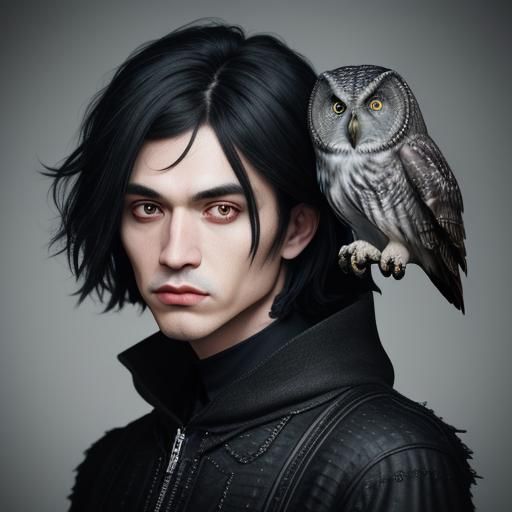 Goth Boy Portrait with Owl in Cityscape