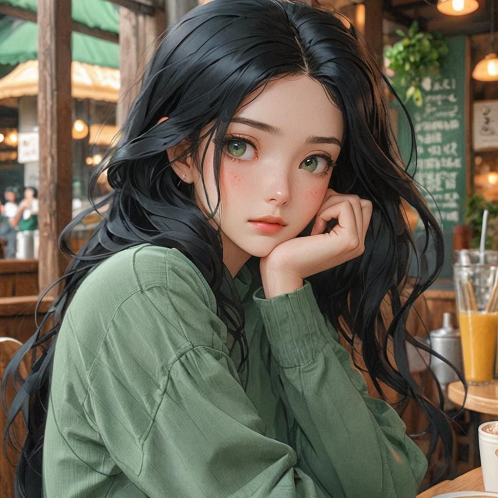 Anime Girl Portrait in Cozy Cafe, Digital Art