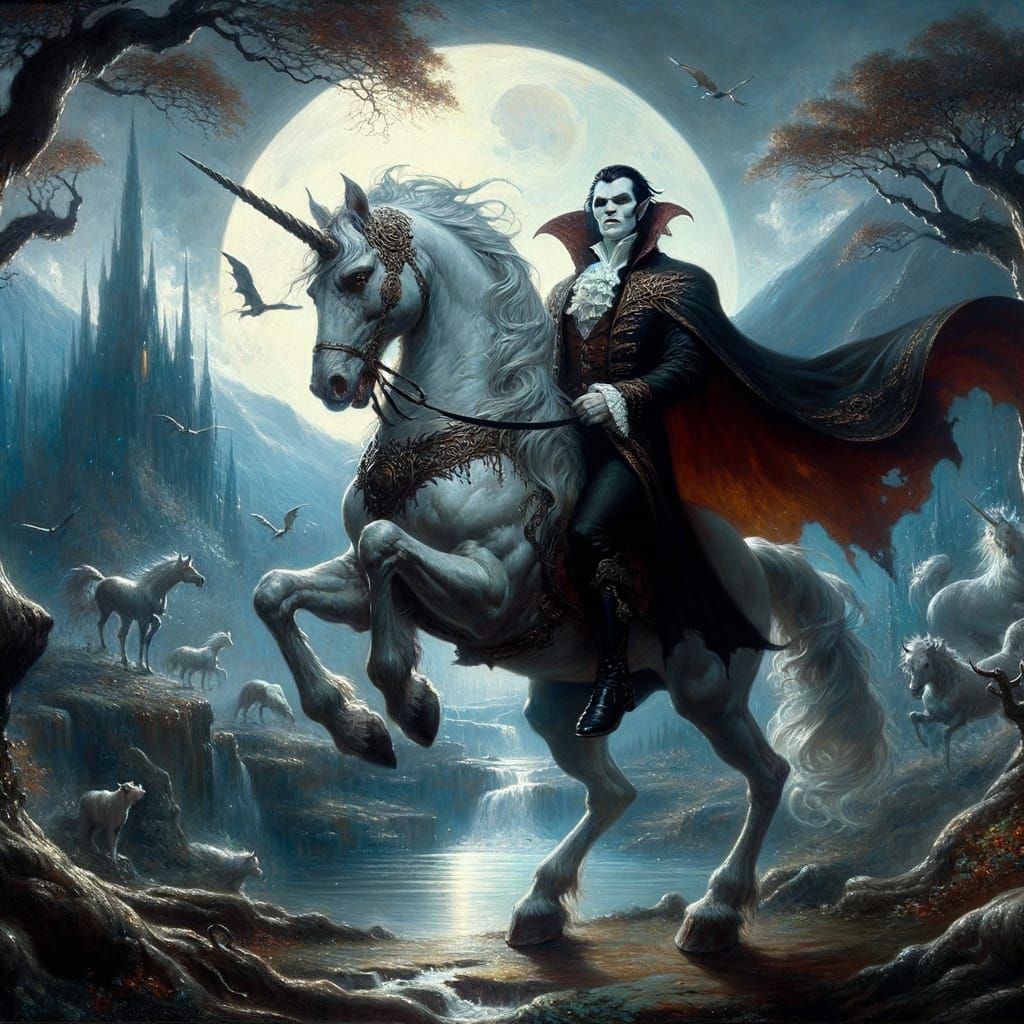 Gothic Vampire Rides Unicorn Through Mythical Realm