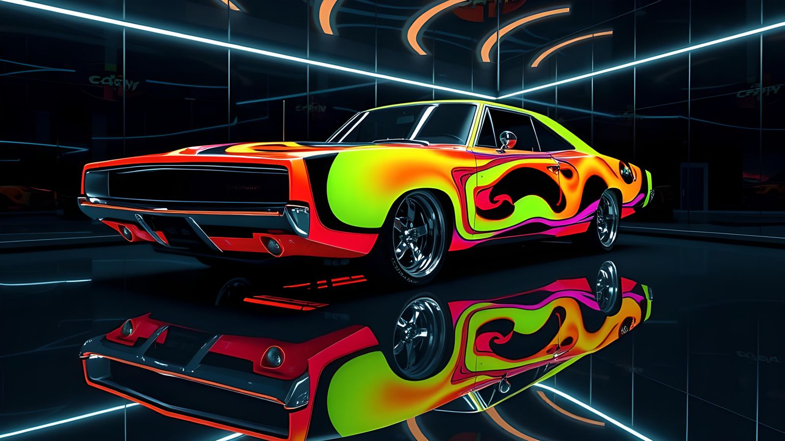 Fluorescent 1969 Dodge Charger in Disco Style
