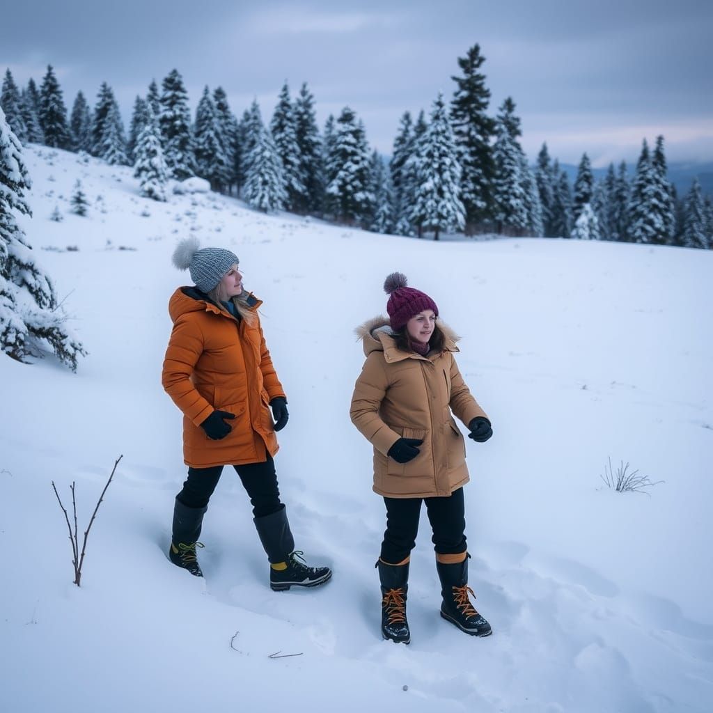 Sisters Gaze Out at Winter Wonderland Camping Scene