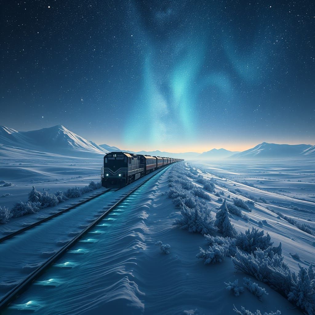 Arctic Train Journey Under Starry Night Sky