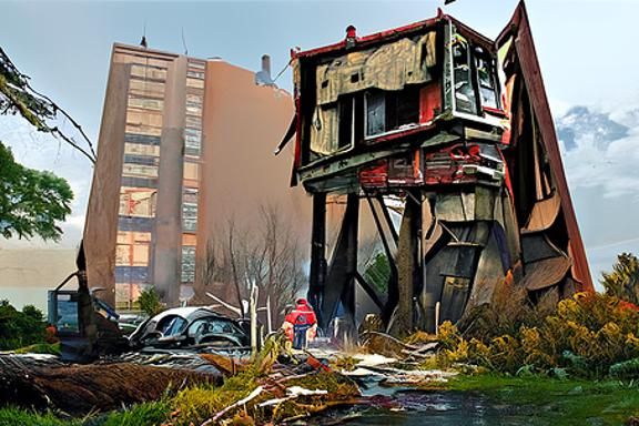 Somber, Broken Building in Digital Watercolor