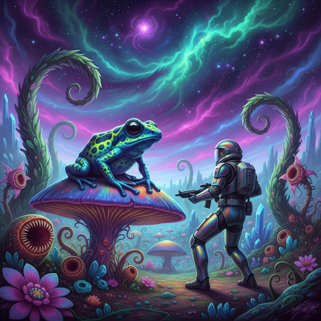 Alien Frog Meets Space Trooper Under Nebula Sky