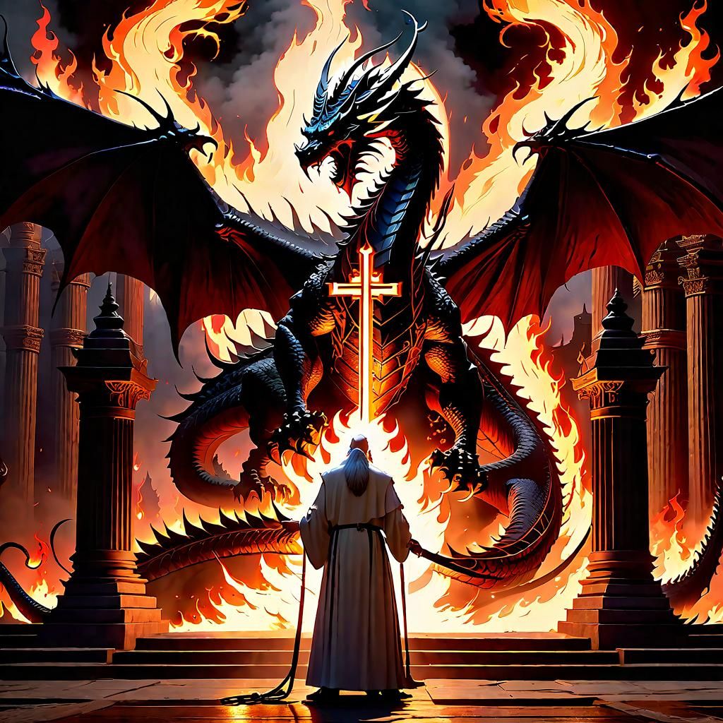 Holy Man Confronts Dragon in Dark Fantasy Art