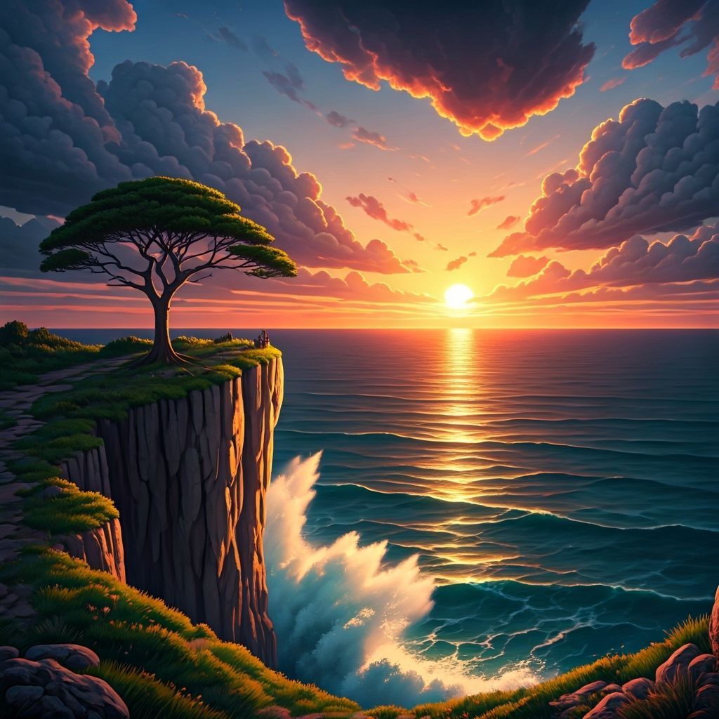 Sunset Over Sea Cliff with Lone Tree
