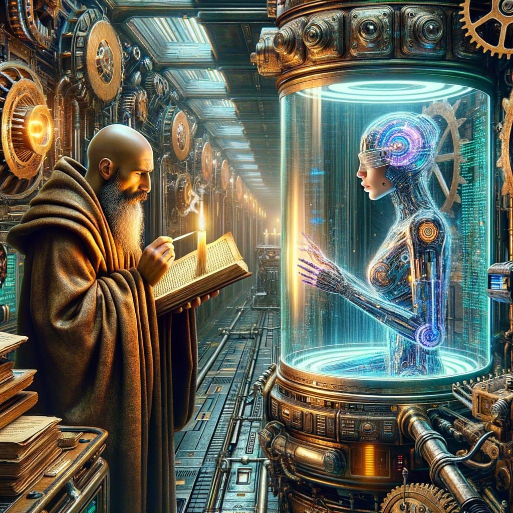 Monk and Archivist in Dystopian Steampunk Lab