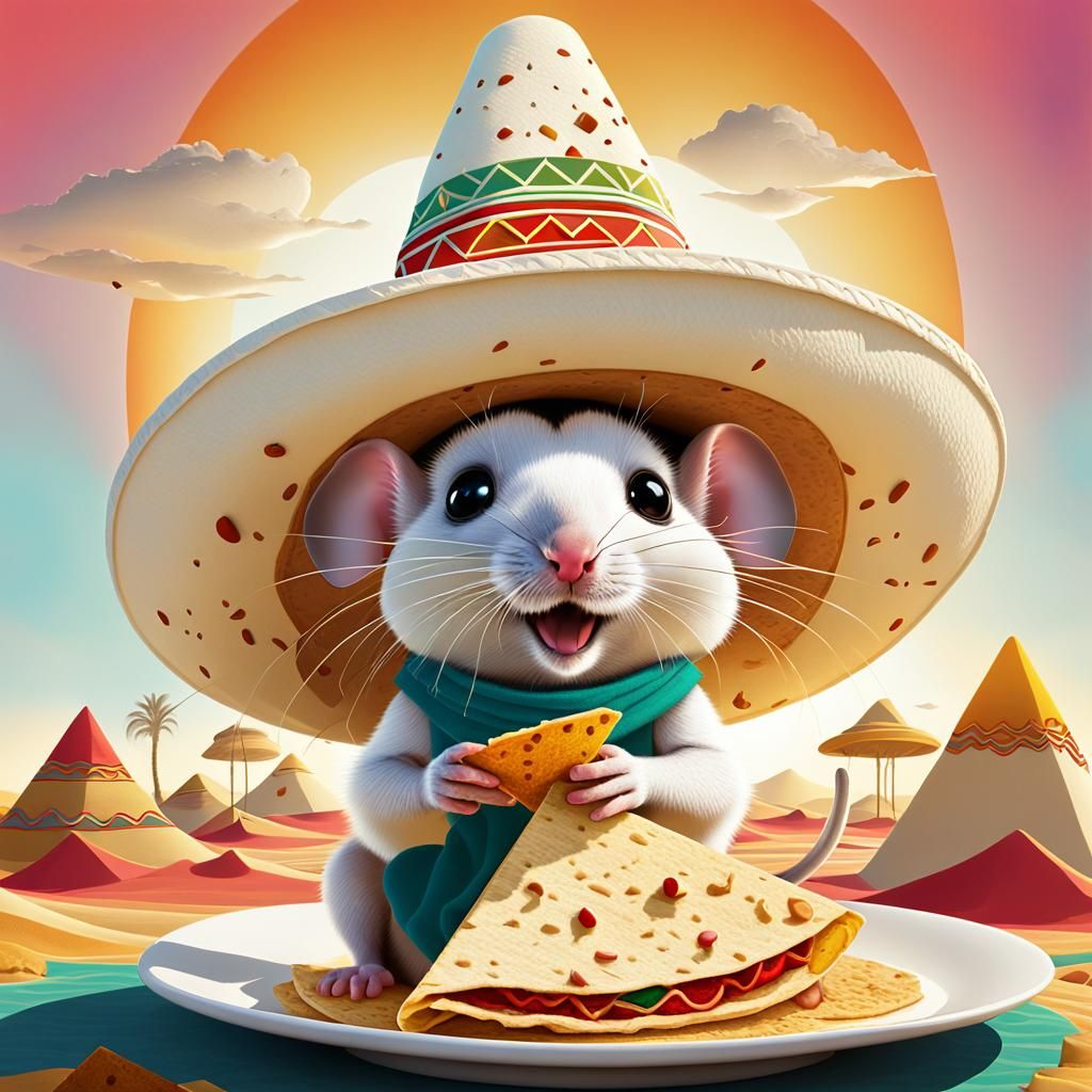 Cute Mouse Eating Tortilla in Giant Hat