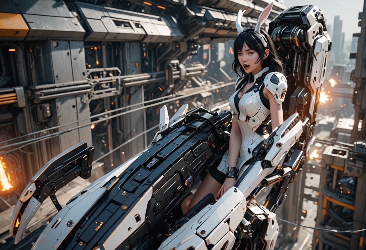 Futuristic Sci-Fi Girl with Rabbit Ears in Mech Suit