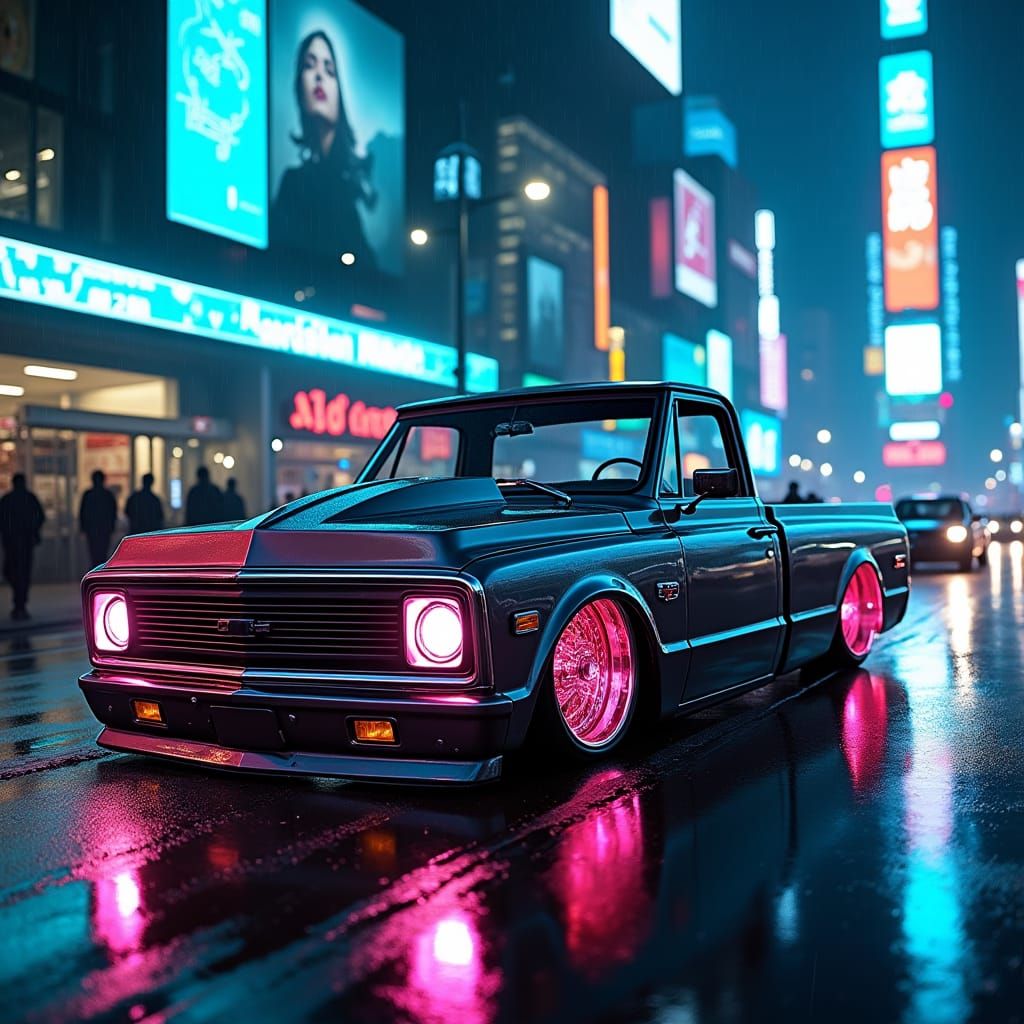 Cyberpunk Truck Reflecting Neon Cityscape