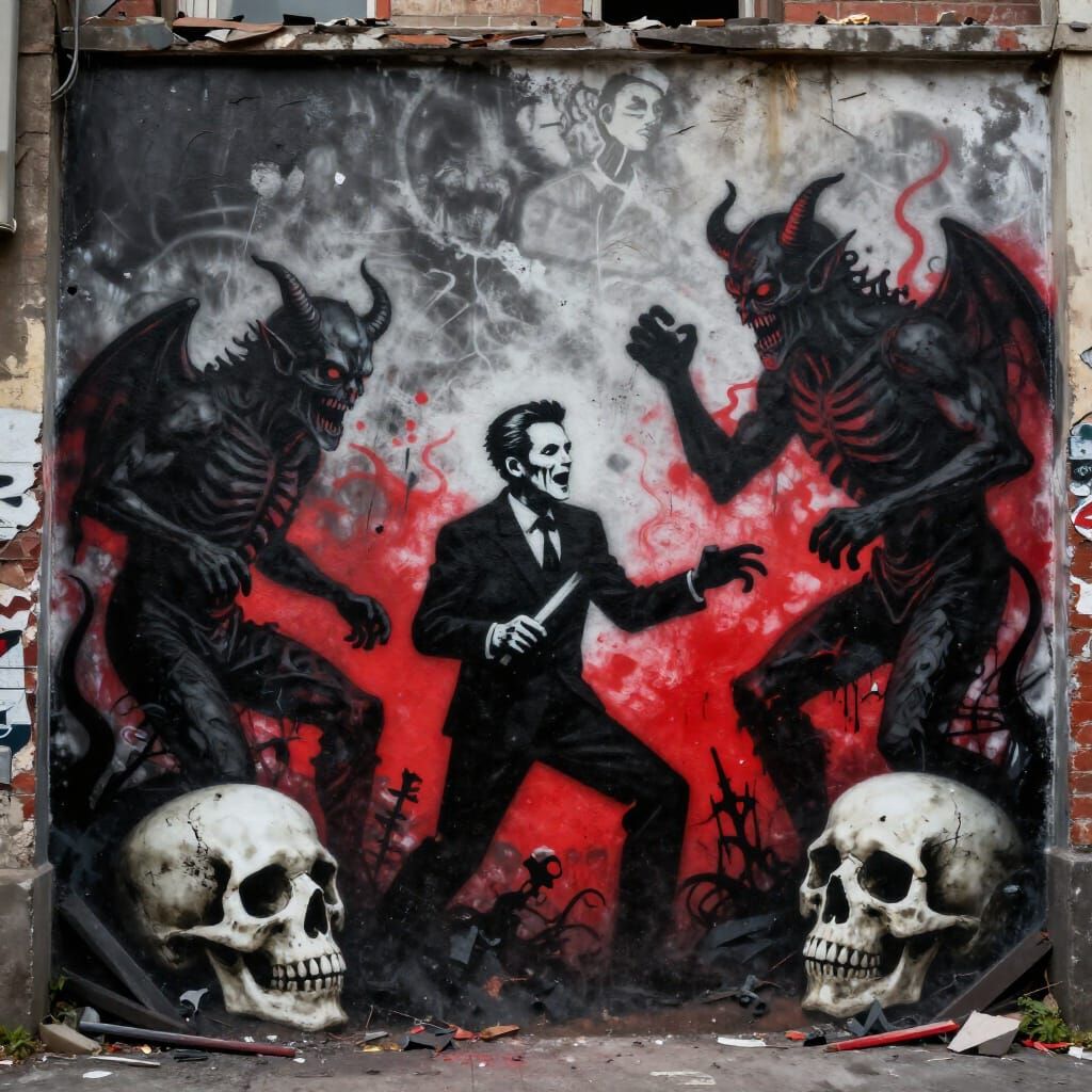 Gritty Stencil Graffiti Hellscape with Social Commentary