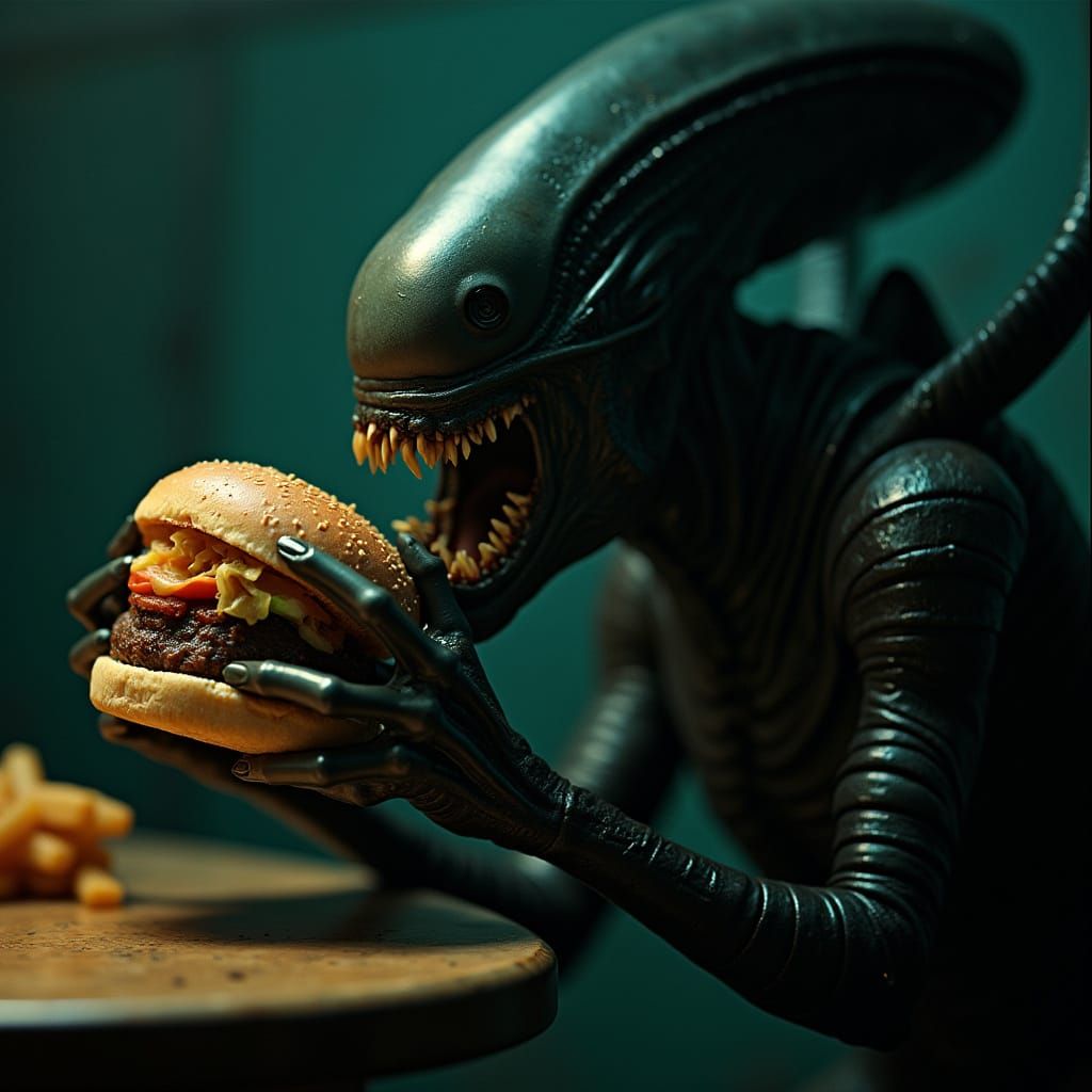 Alien Eats Burger in Gritty Sci-Fi Film Still