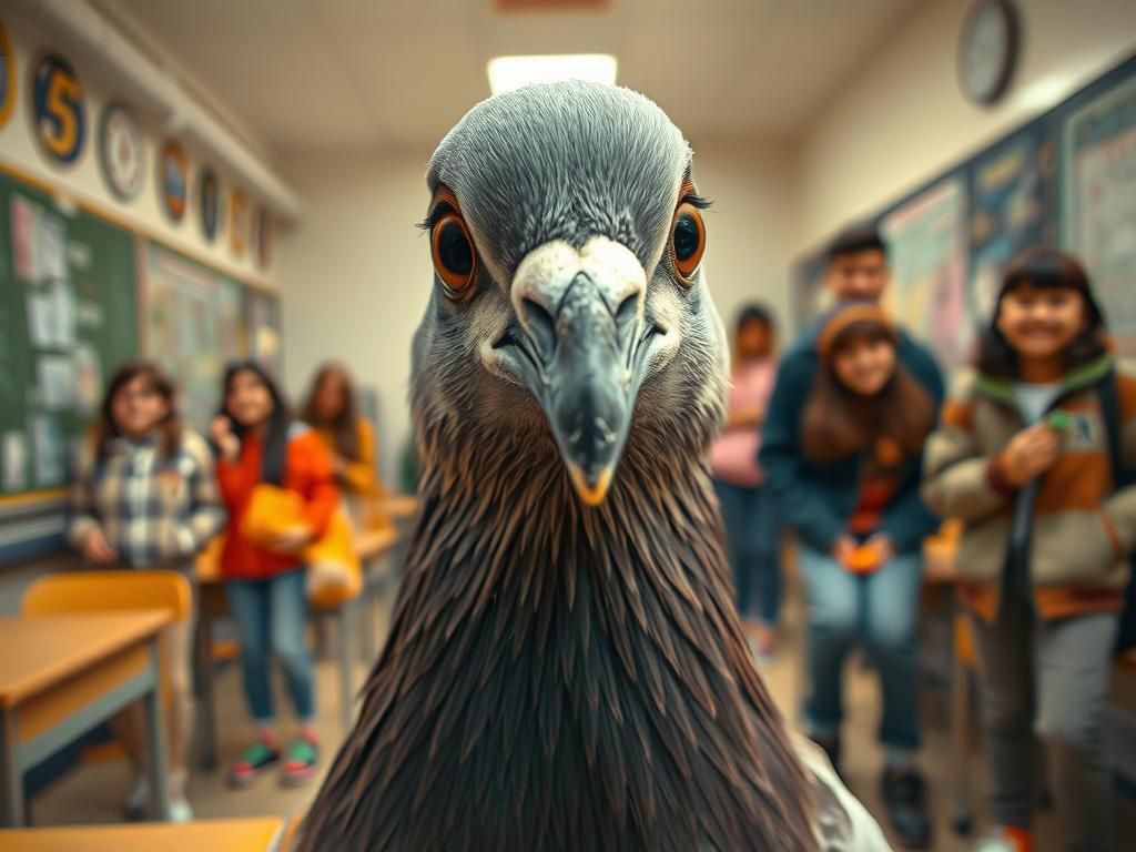 Curious Pigeon Peeks into Camera Lens in 80s Classroom