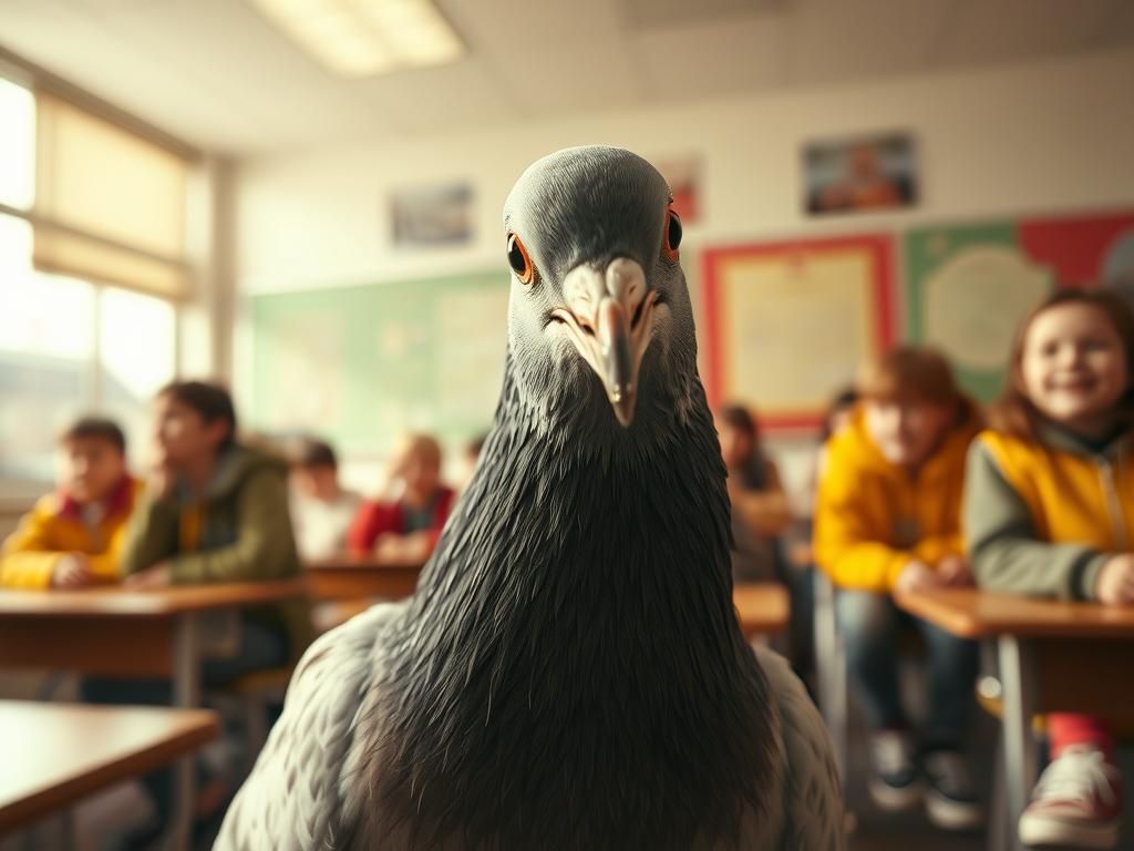 Curious Pigeon in 1980s Classroom, Photorealistic Portrait