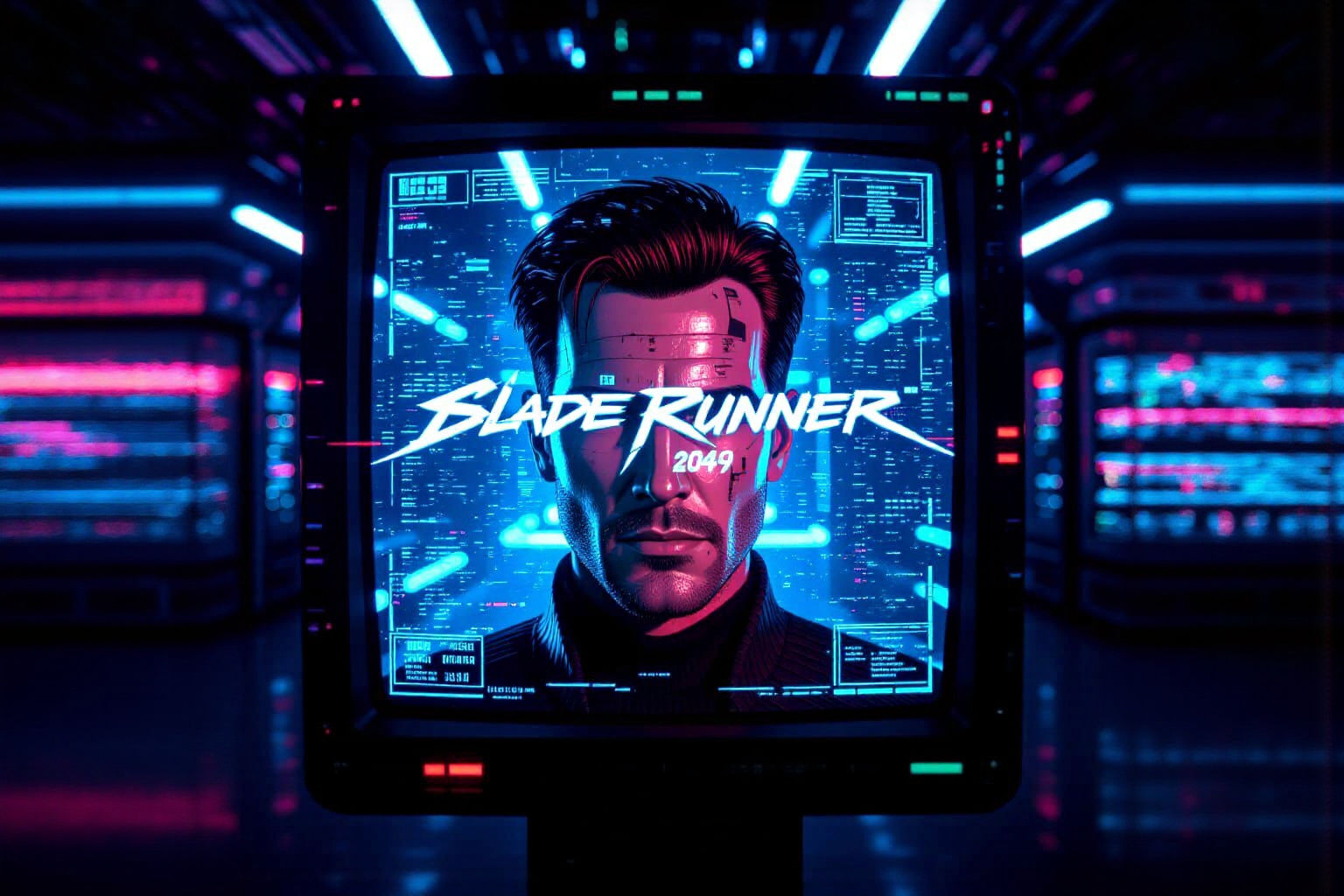 Glitching Face on Viewscreen with Cyberpunk Computer Banks