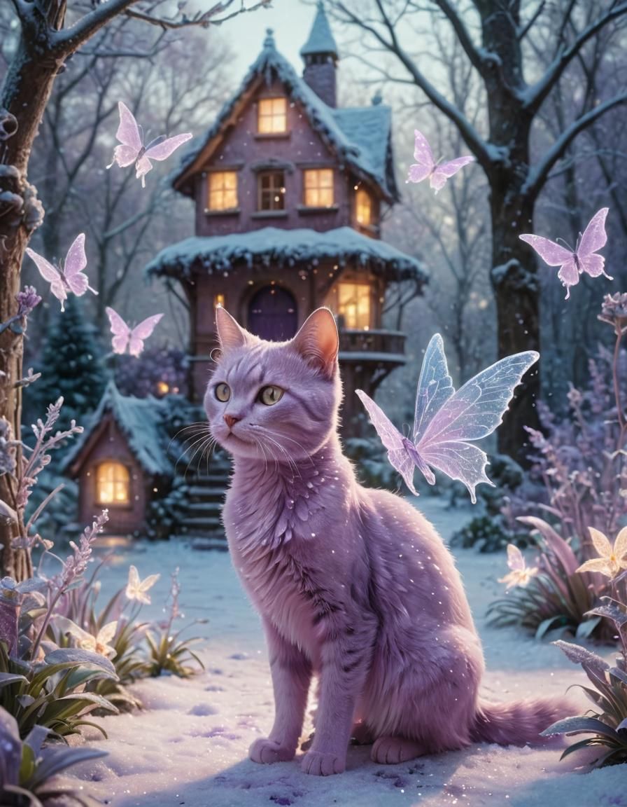 Glowing Purple Ice Cat in Winter Garden