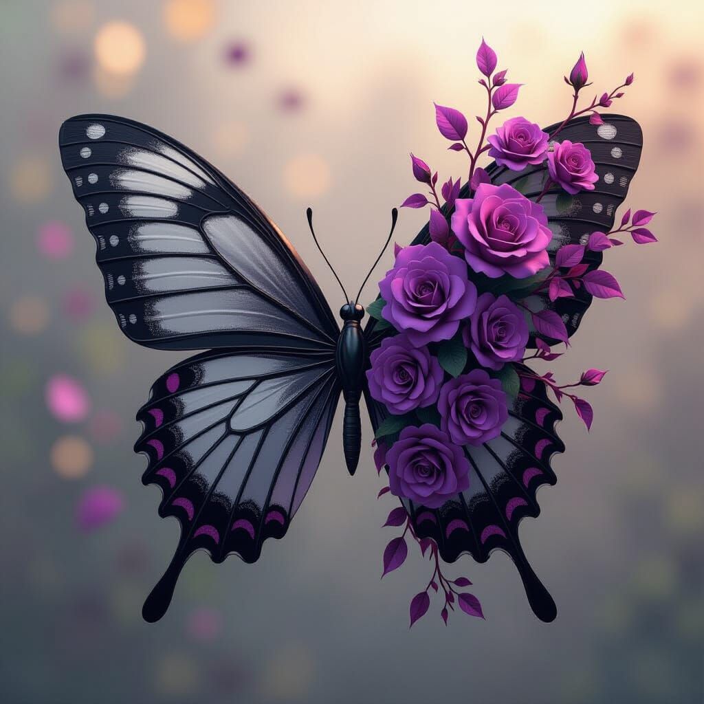 A 3D render of a digital illustration of a black butterfly l...