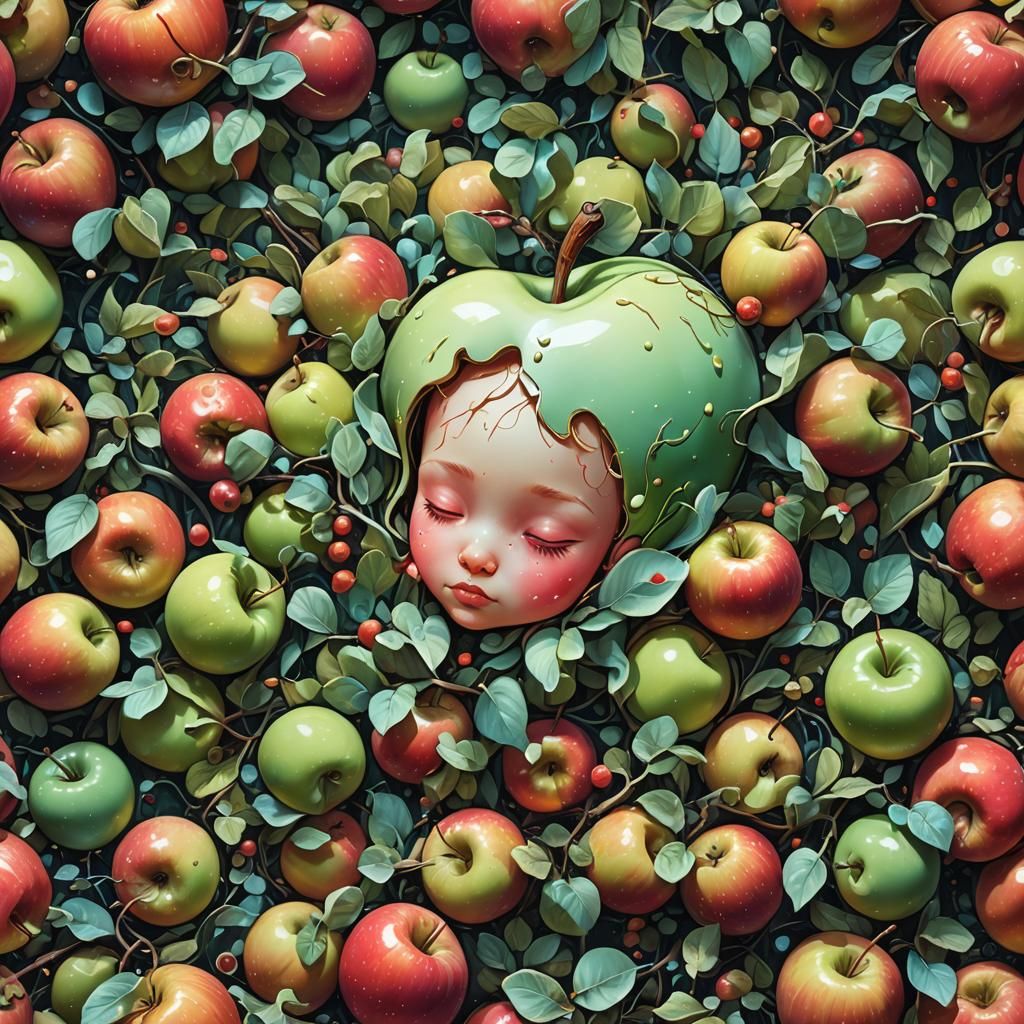 Cute Apple Sleeping: Digital Illustration