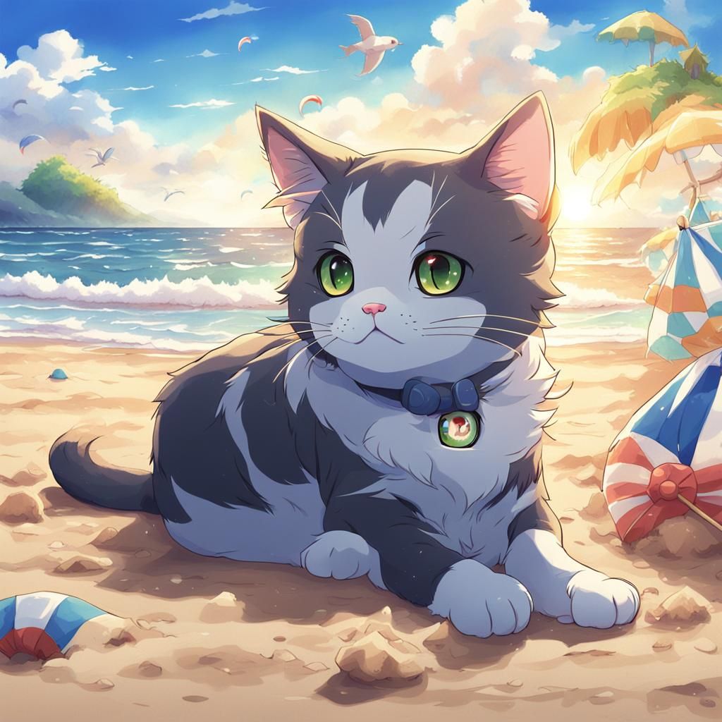 Anime Cat Enjoying Beach Vacation
