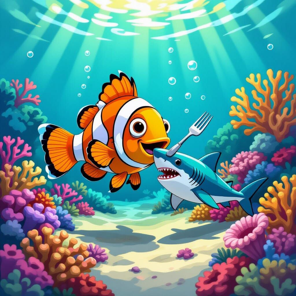 Clownfish Eats Shark with Utensils in Cartoon Style
